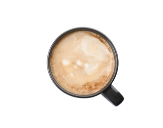 Cup of aromatic hot coffee on white background, top view