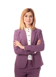 Portrait of successful businesswoman posing on white background