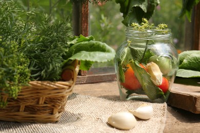 Photo of Fresh green herb, jar with tomatoes and garlic cloves on wooden table indoors