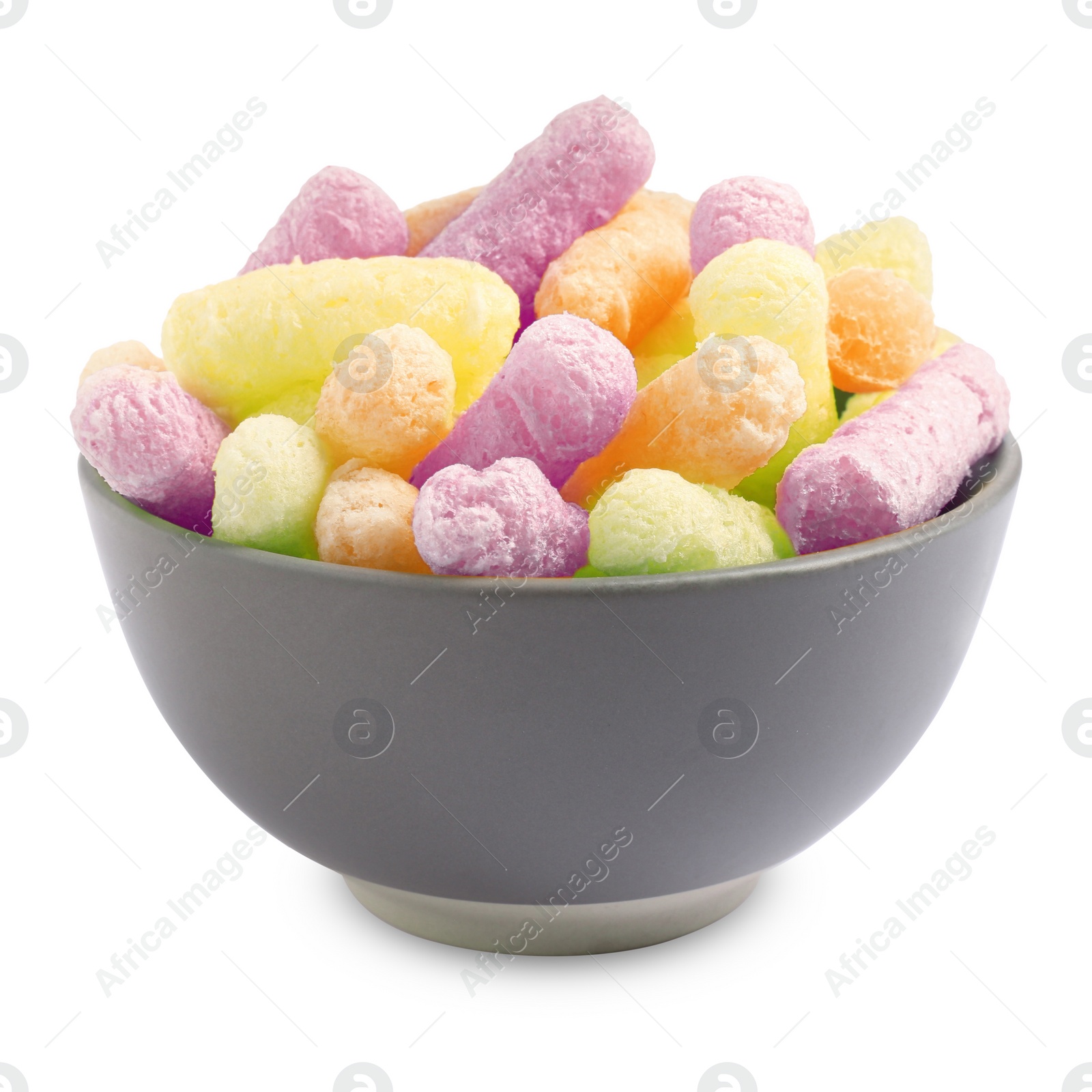 Image of Bowl with colorful corn puffs on white background