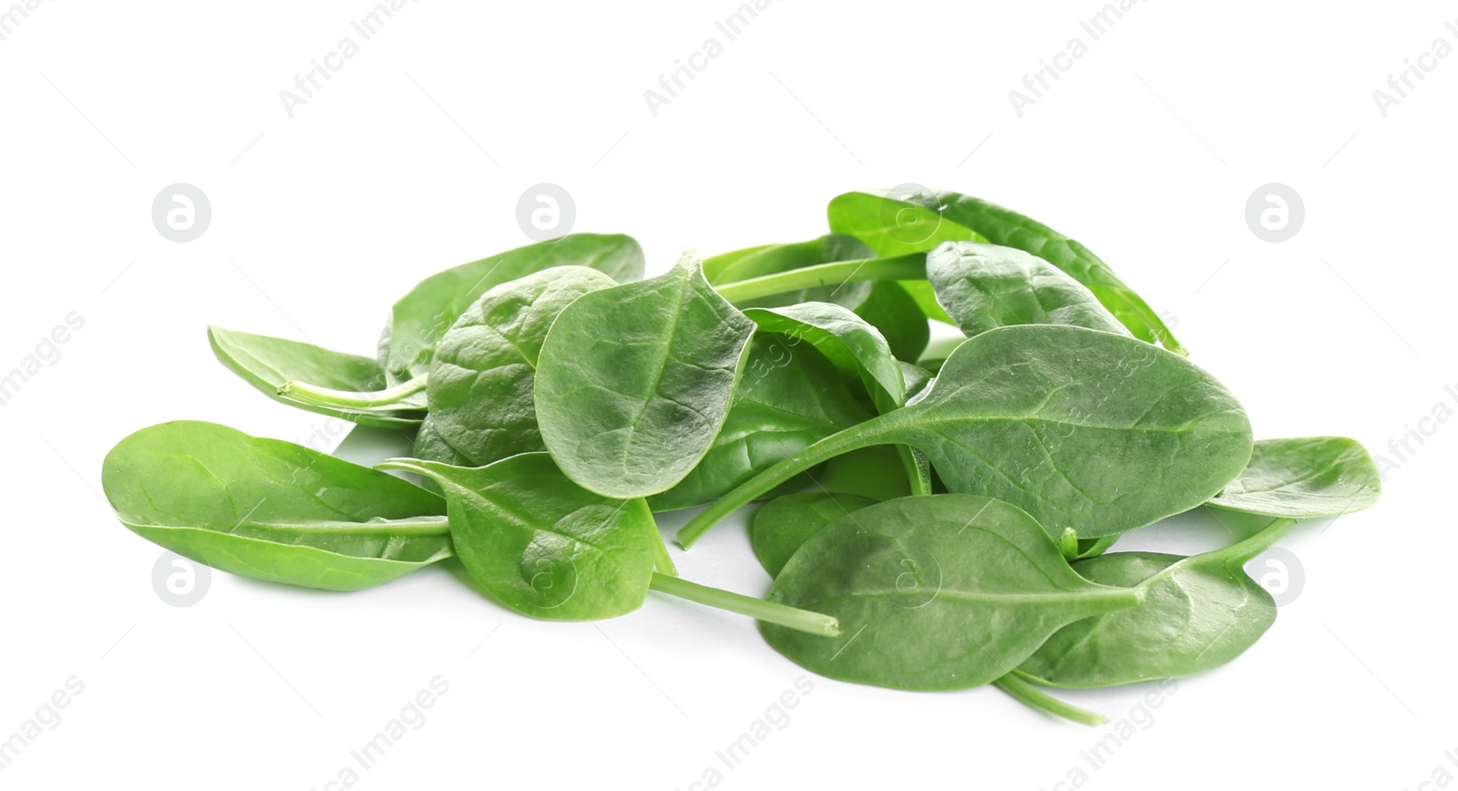 Photo of Pile of fresh green healthy baby spinach leaves on white background