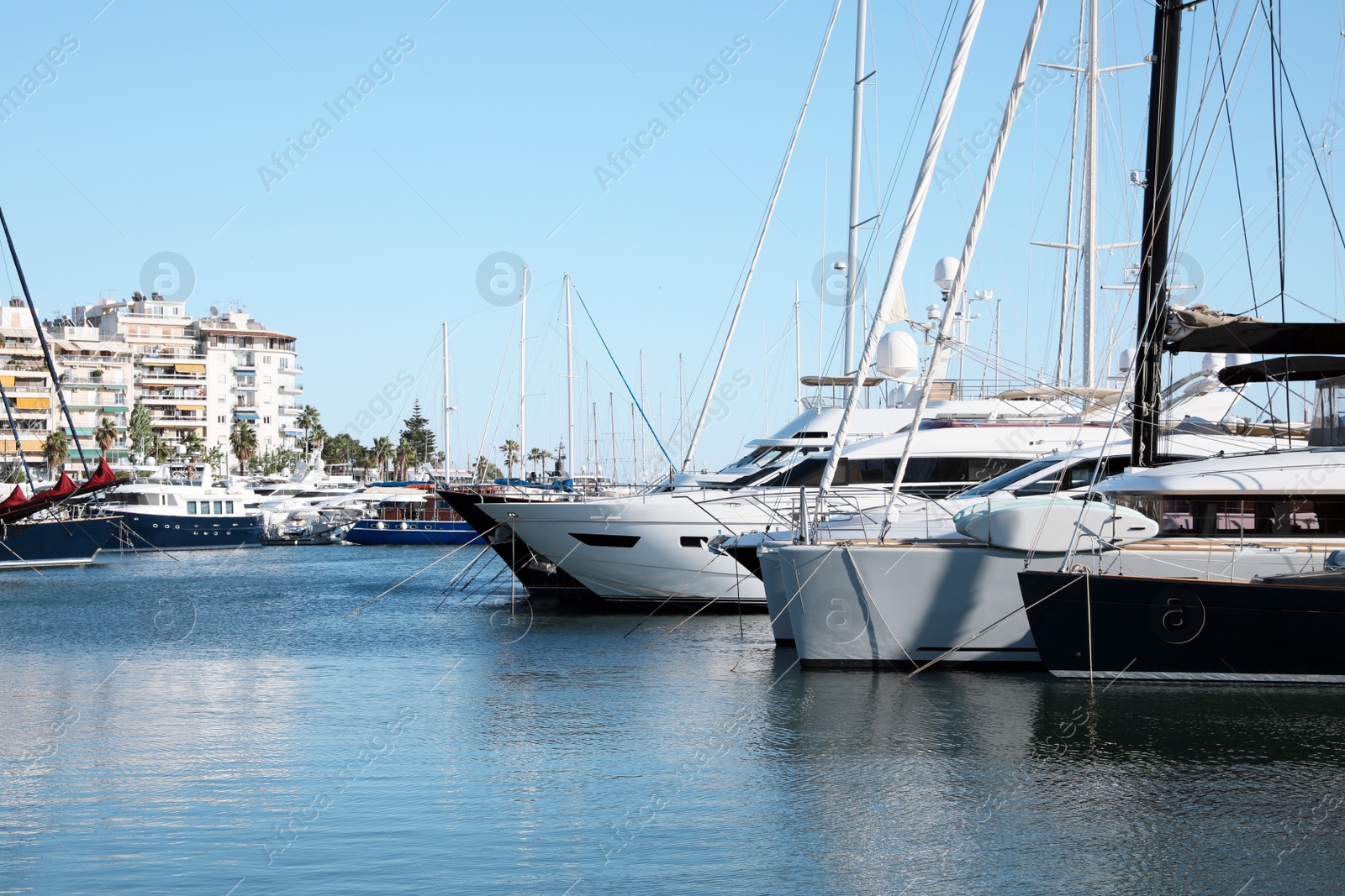 Photo of Picturesque view of port with modern boats on sunny day