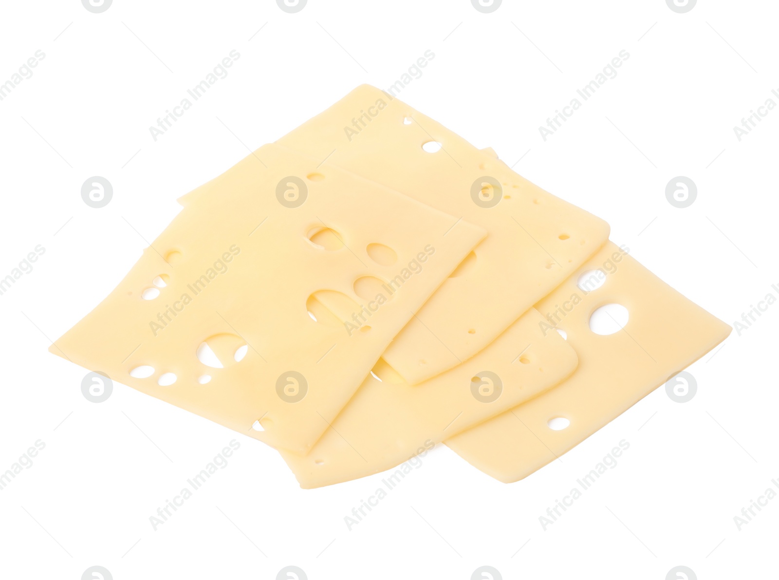 Photo of Slices of tasty fresh cheese isolated on white