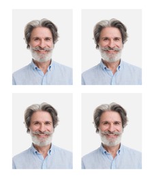 Passport photo, collage. Man on white background, set of photos