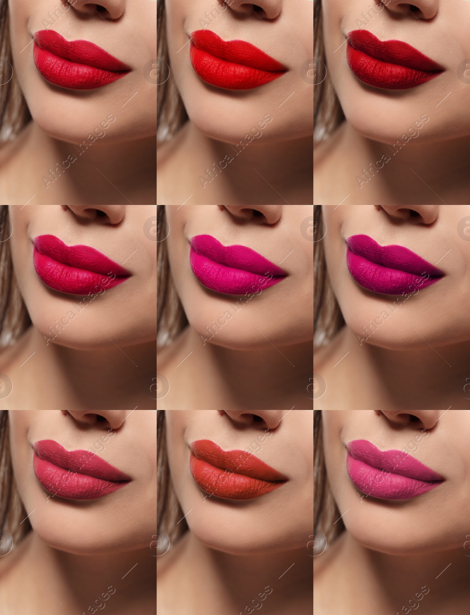 Image of Young woman with different color lipsticks, collage