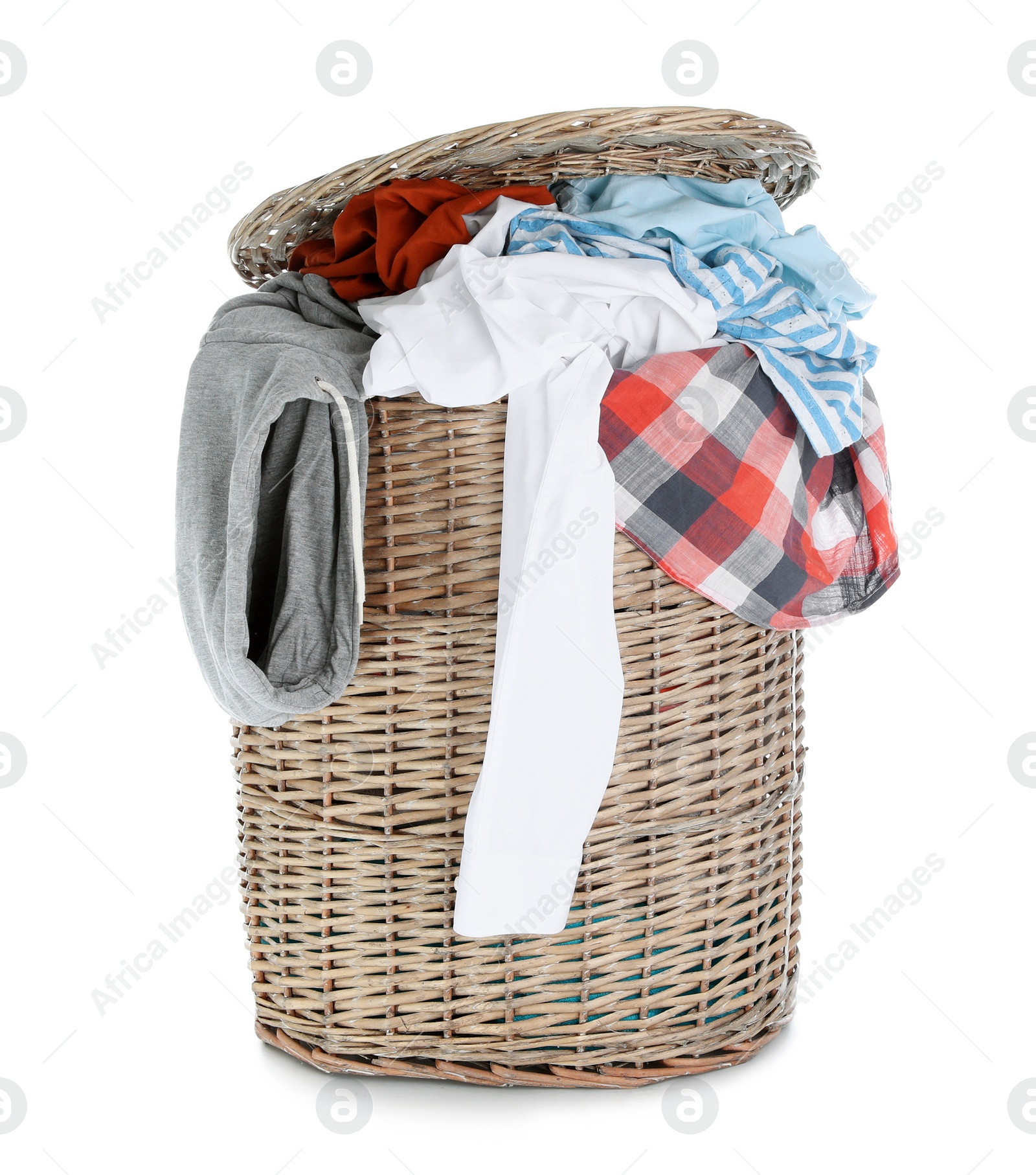 Photo of Basket full of dirty laundry isolated on white