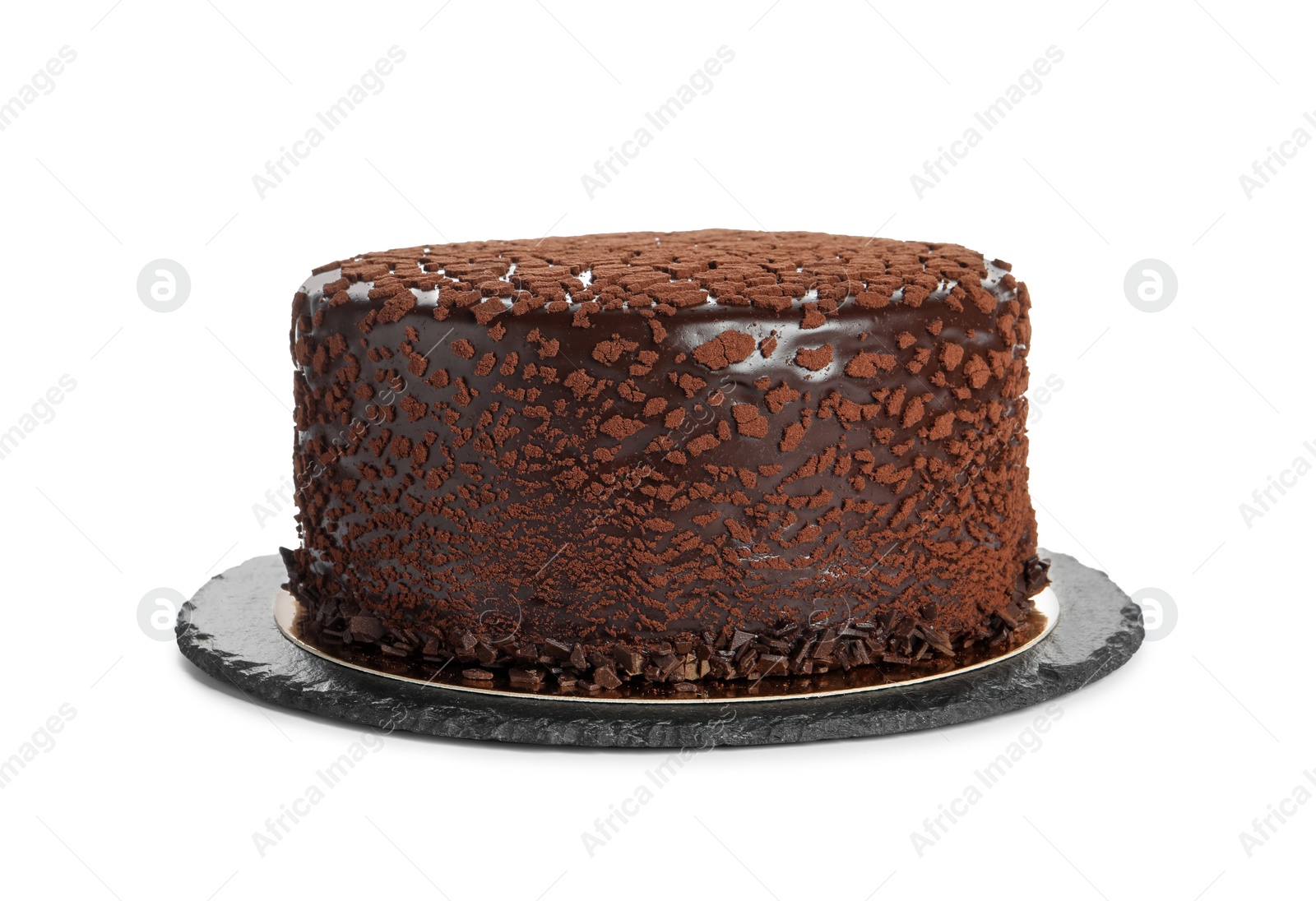 Photo of Delicious chocolate truffle cake isolated on white