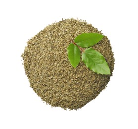 Photo of Pile of aromatic mate tea and fresh leaves on white background, top view