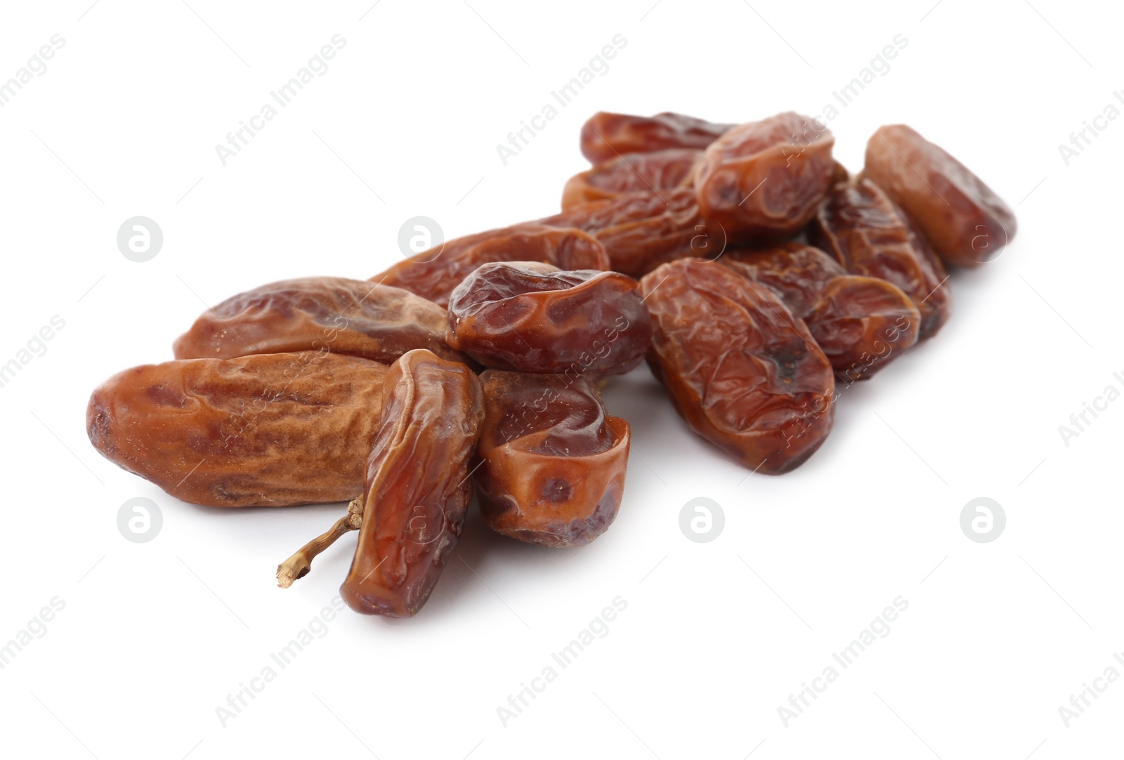 Photo of Sweet dates on branch against white background. Dried fruit as healthy snack