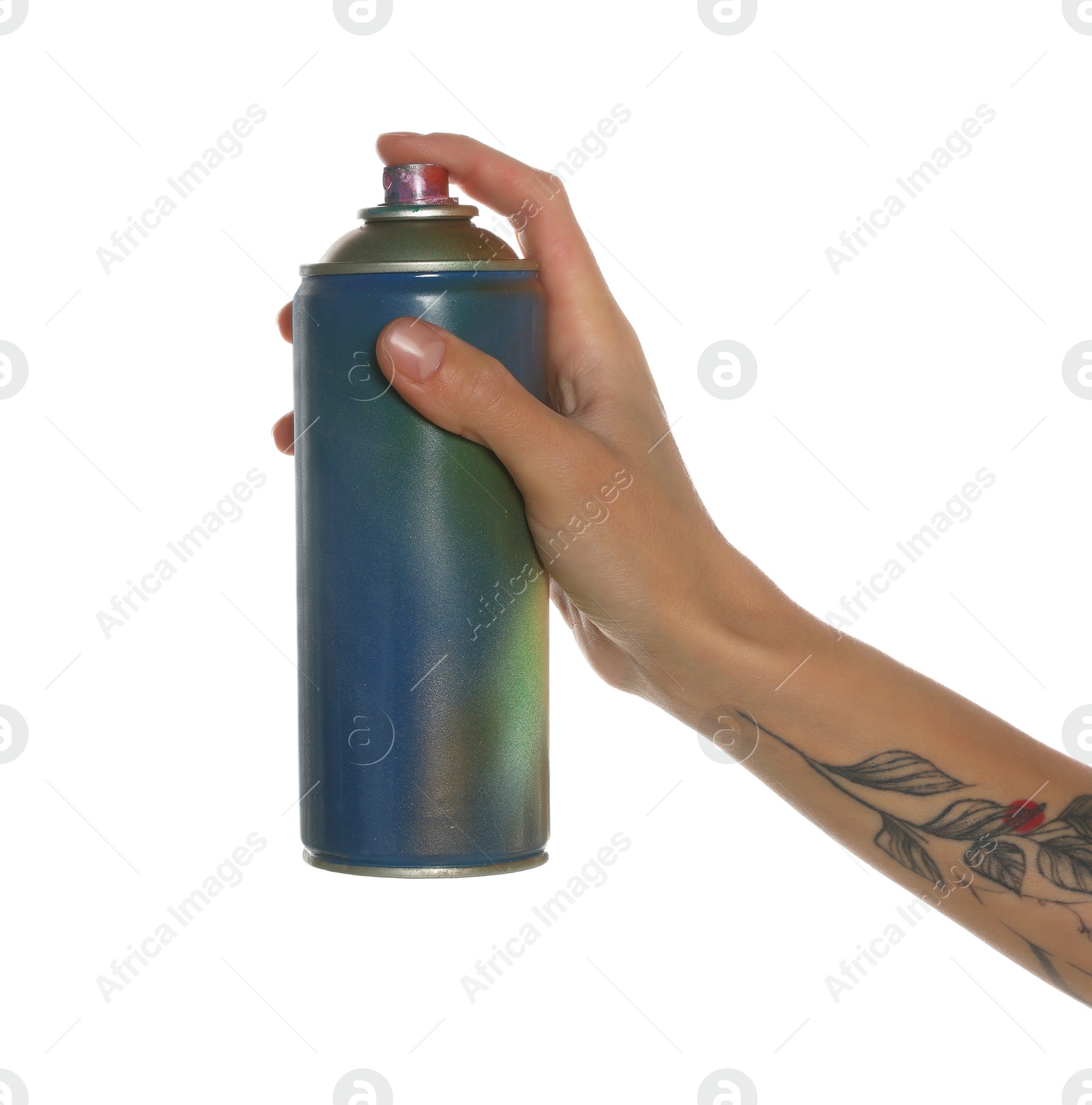 Photo of Woman holding used can of spray paint on white background, closeup