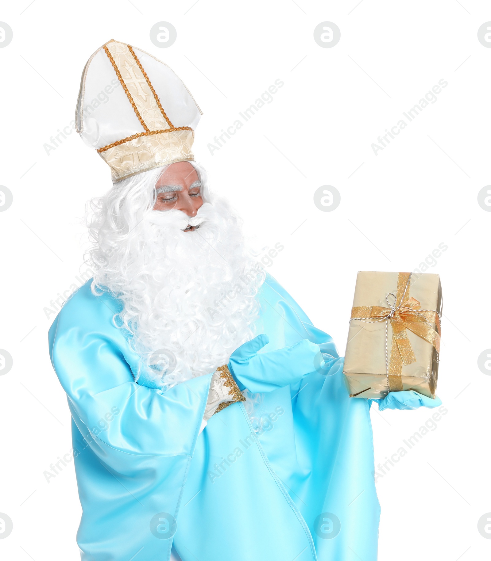 Photo of Portrait of Saint Nicholas with present on white background