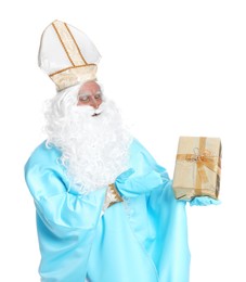 Photo of Portrait of Saint Nicholas with present on white background