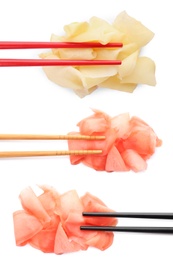 Image of Chopsticks and pickled ginger on white background, collage 