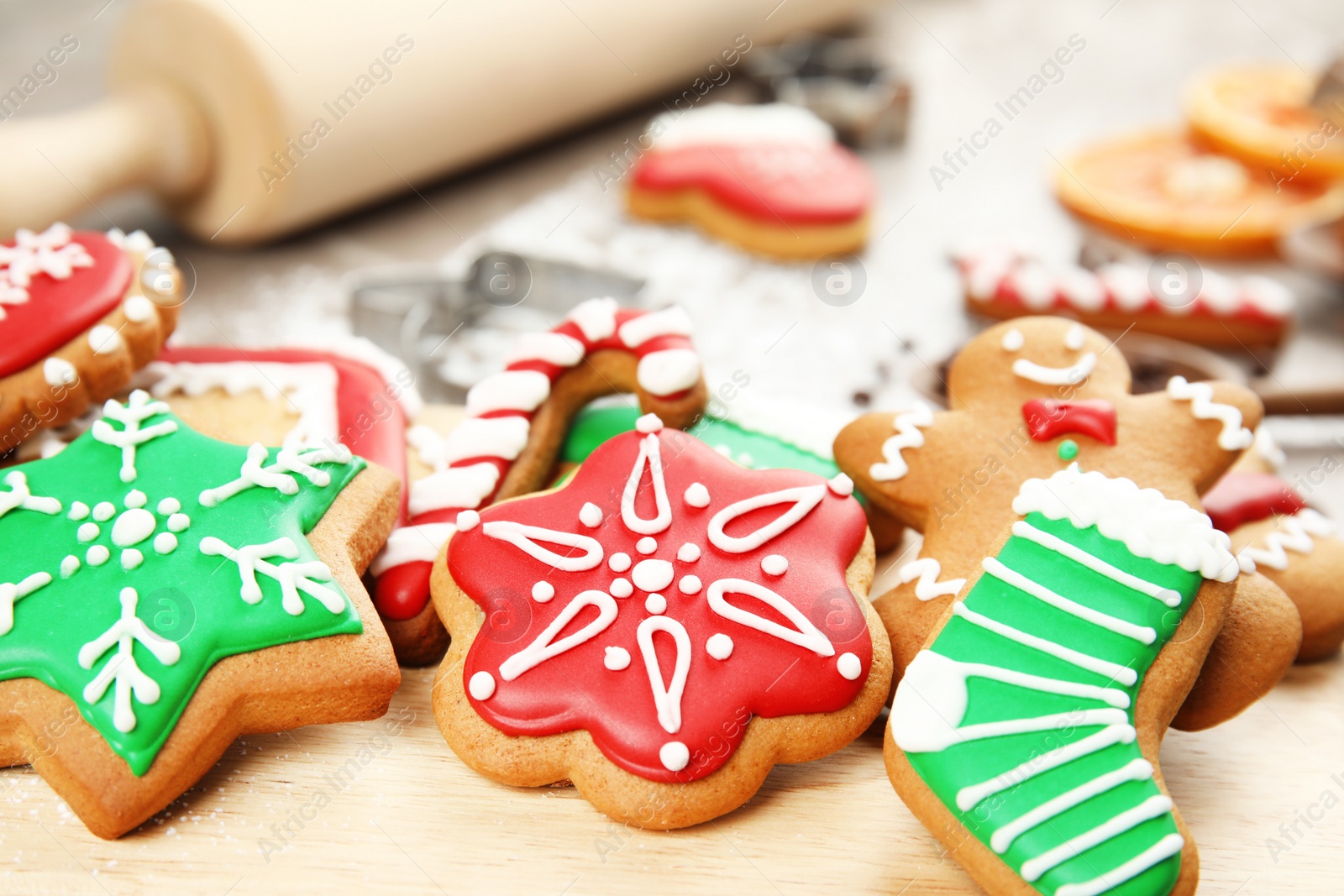 Photo of Tasty homemade Christmas cookies, closeup