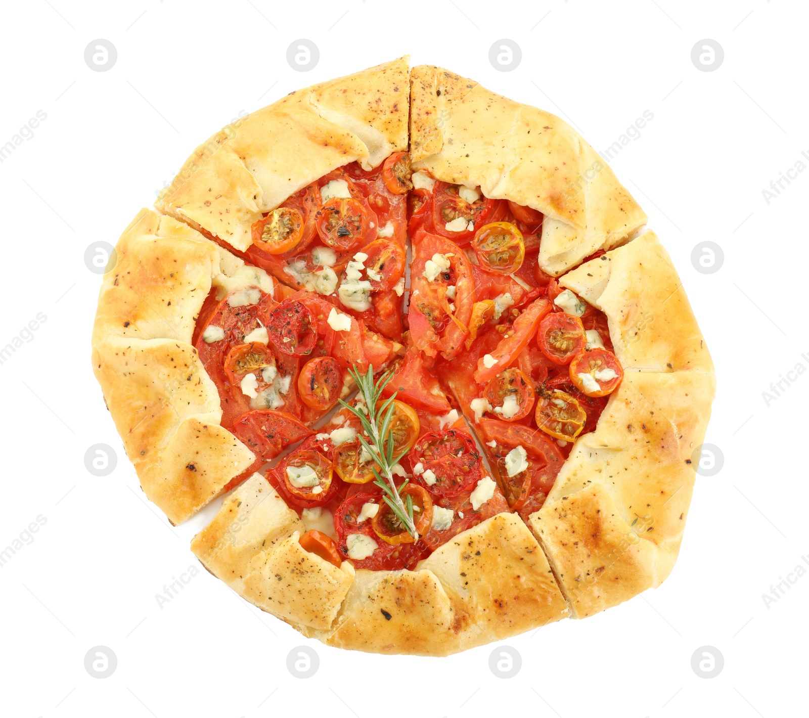 Photo of Tasty galette with tomato, rosemary and cheese (Caprese galette) isolated on white, top view