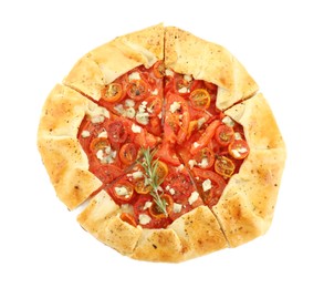 Tasty galette with tomato, rosemary and cheese (Caprese galette) isolated on white, top view