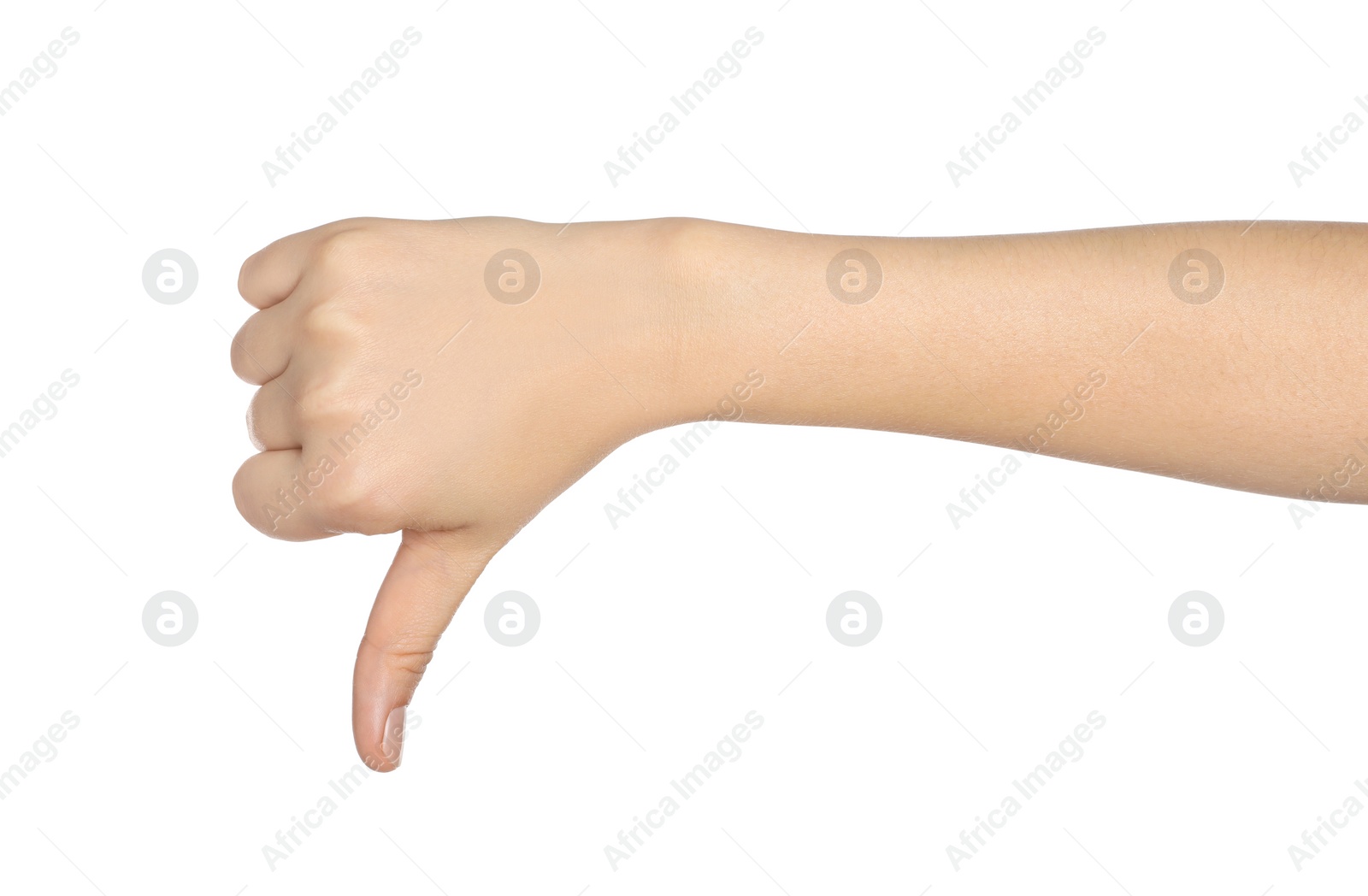 Photo of Woman showing thumb down gesture on white background, closeup of hand