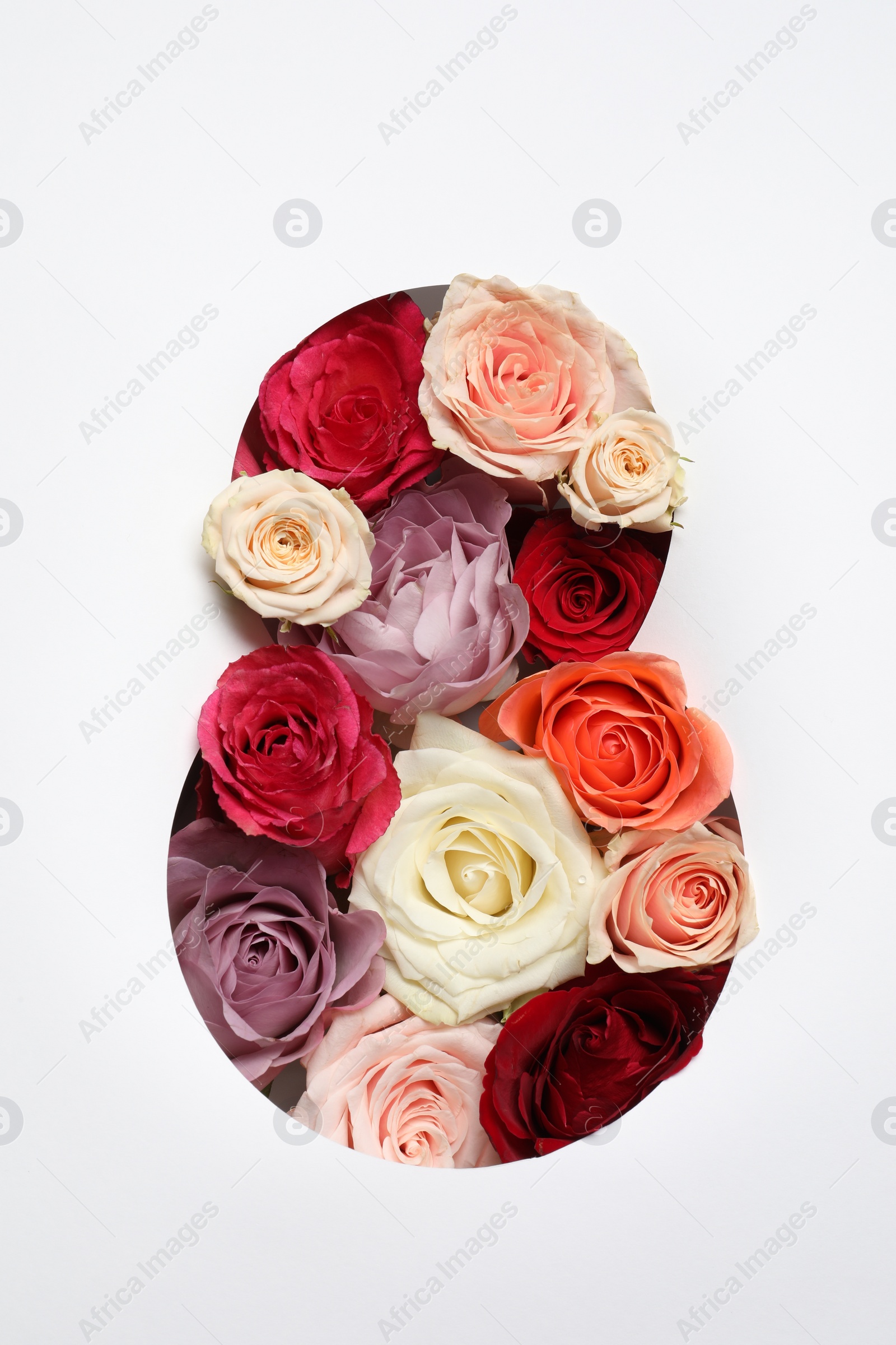 Photo of 8 March greeting card design with roses , top view. Happy International Women's Day