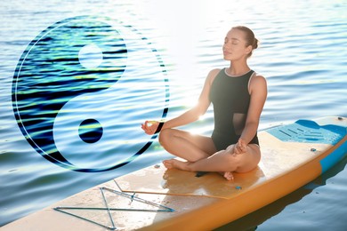 Young meditating yoga on SUP board on river at sunset. Yin and yang symbol