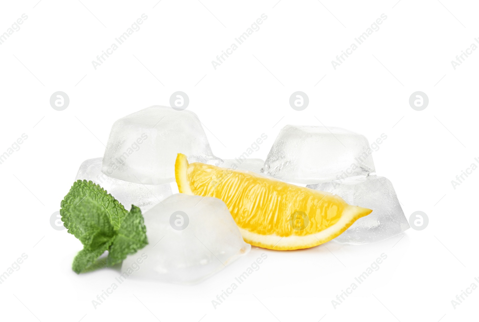 Photo of Ice cubes, mint and lemon slice on white background