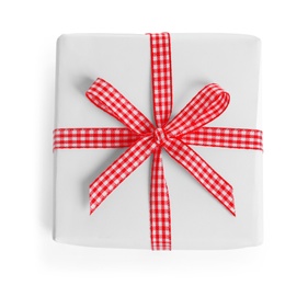 Photo of Beautifully wrapped gift box on white background, top view