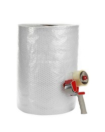 Photo of Bubble wrap roll and tape dispenser isolated on white