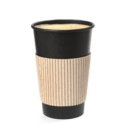 Hot coffee in takeaway paper cup with cardboard sleeve isolated on white