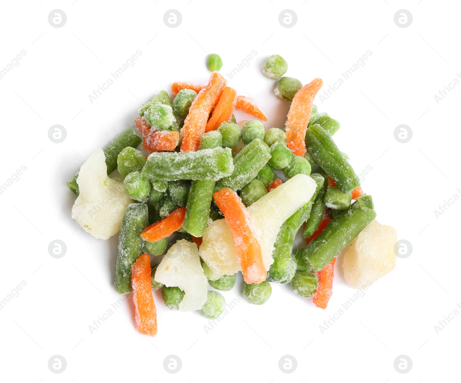 Photo of Pile of frozen vegetables isolated on white, top view