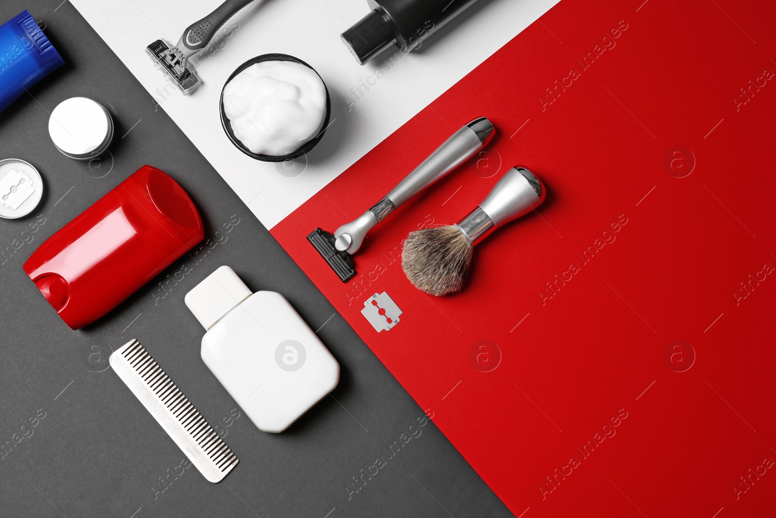 Photo of Flat lay composition with shaving accessories for men on color background