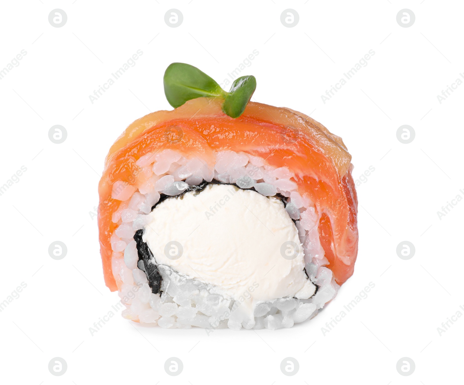 Photo of Tasty sushi roll with salmon isolated on white