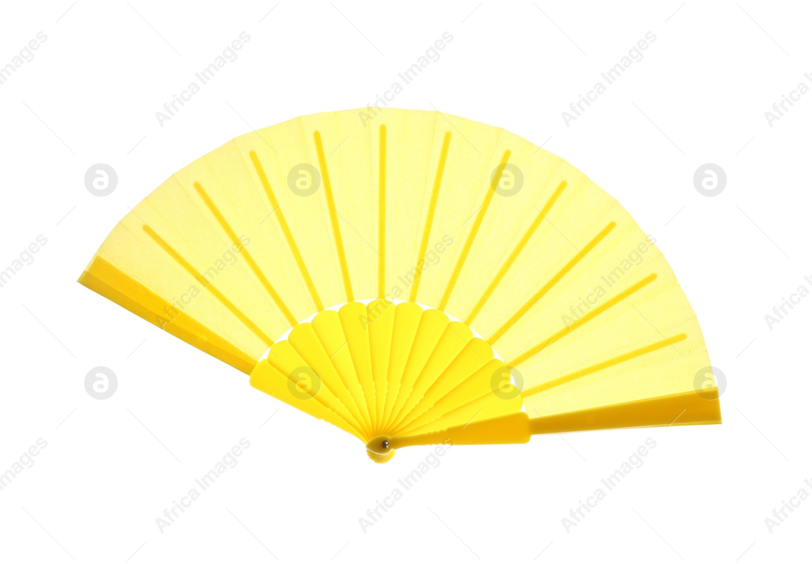 Photo of Yellow hand fan isolated on white, top view