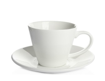 Photo of Empty ceramic cup and saucer isolated on white