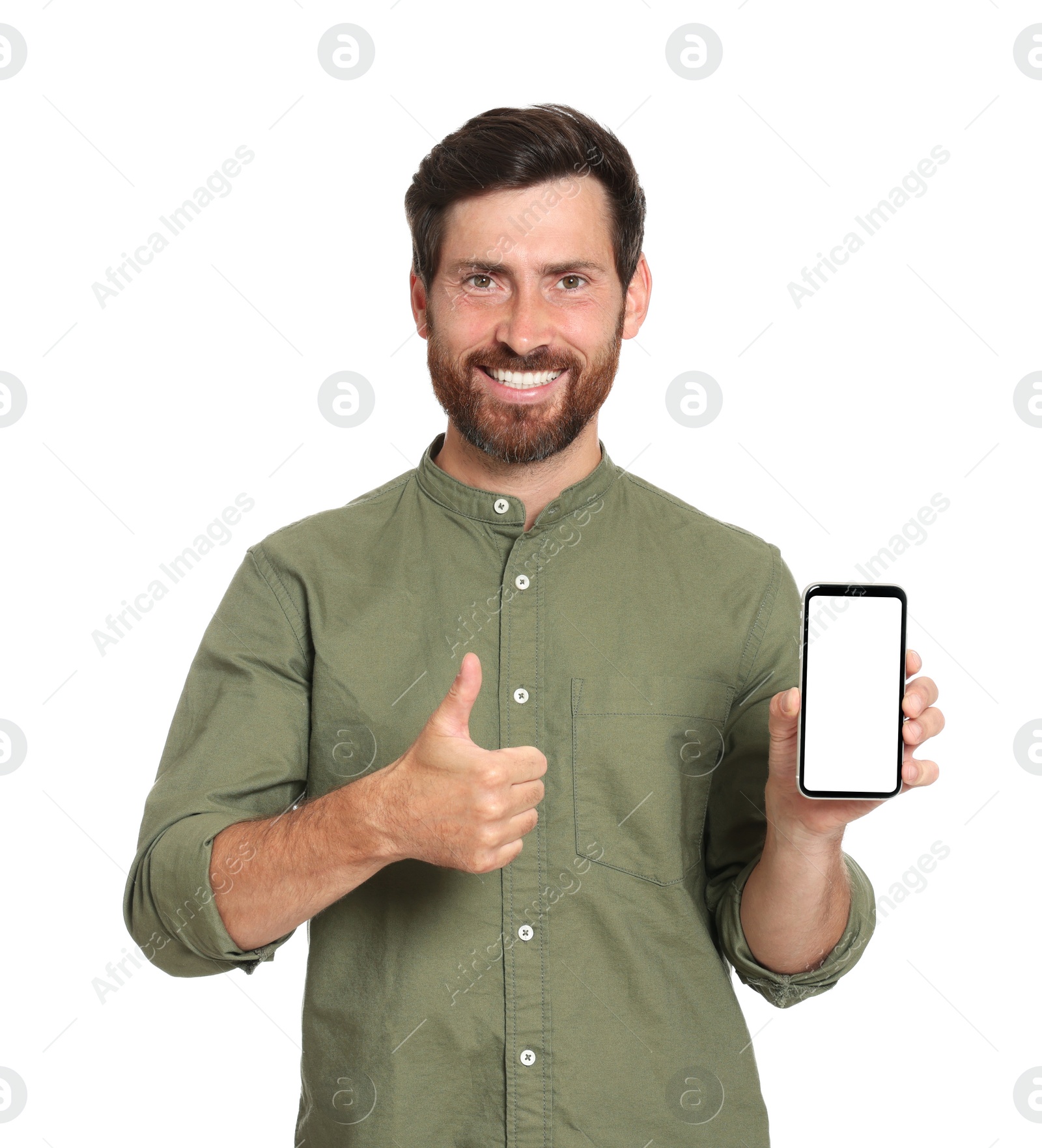 Photo of Happy man with phone showing thumb up on white background