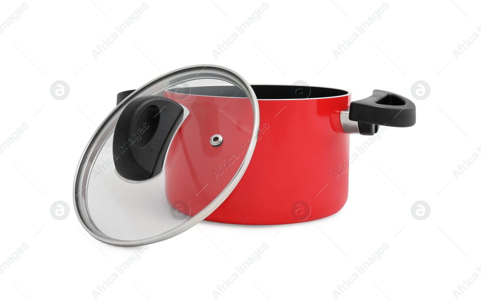 Photo of One red pot with glass lid isolated on white