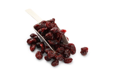 Tasty dried cranberries and scoop isolated on white