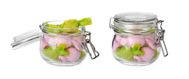 Image of Glass jars full of tasty candies in colorful wrappers on white background, collage. Banner design