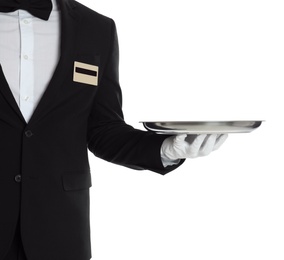 Photo of Waiter with empty tray on white background, closeup
