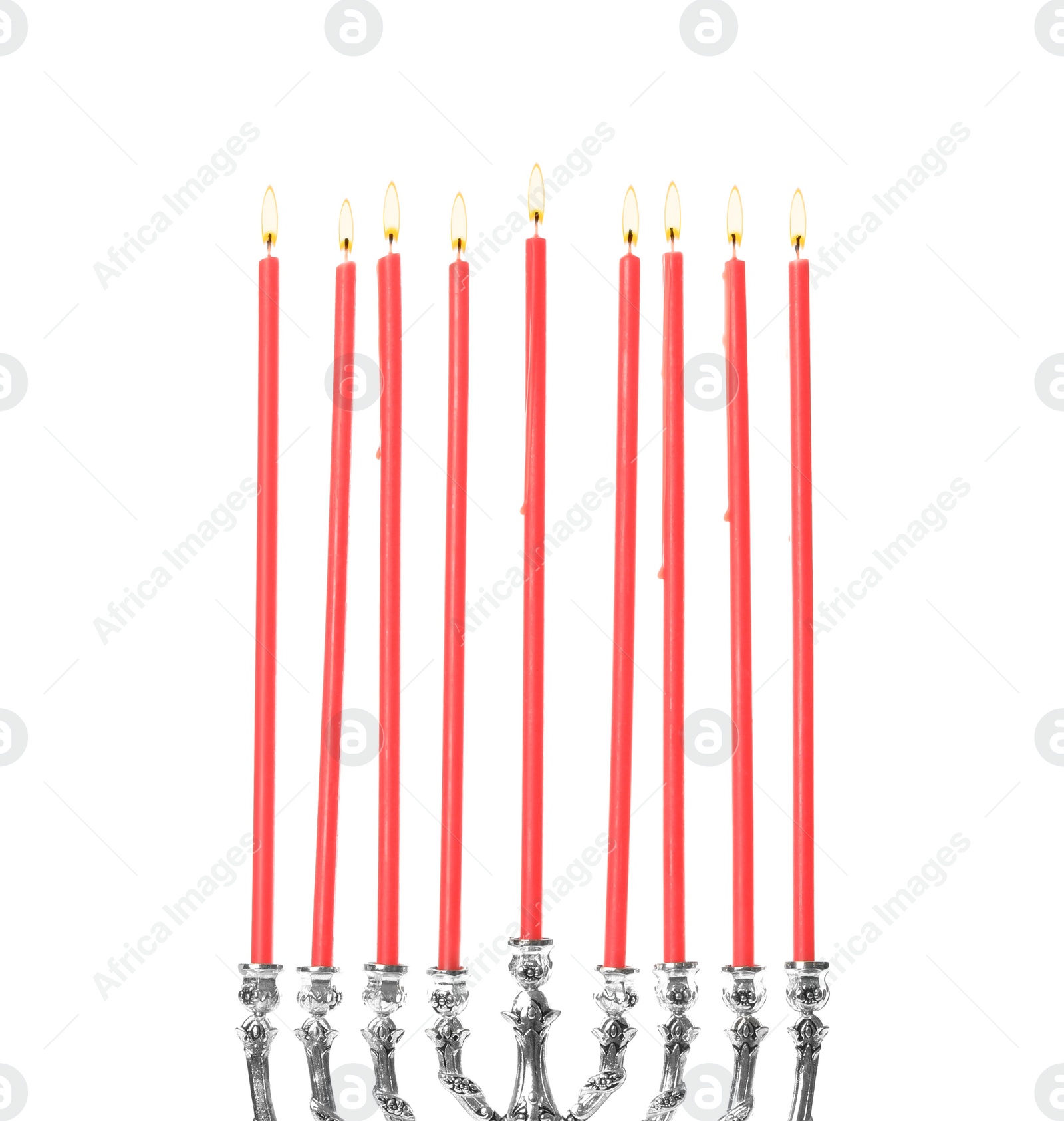 Photo of Silver menorah with burning candles on white background. Hanukkah celebration