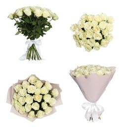 Image of Set of beautiful rose bouquets on white background