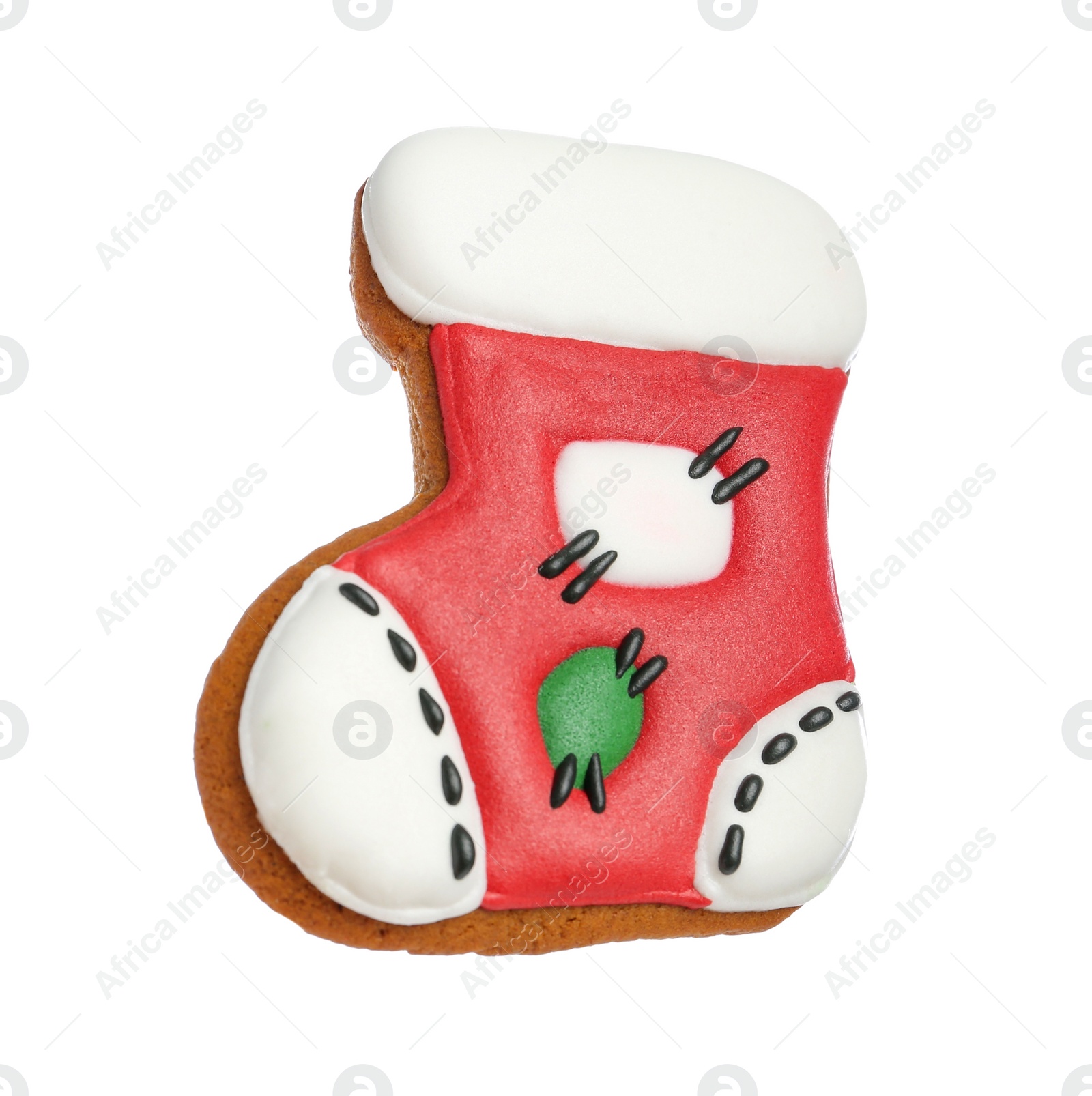 Photo of Delicious cookie in shape of Christmas stocking isolated on white