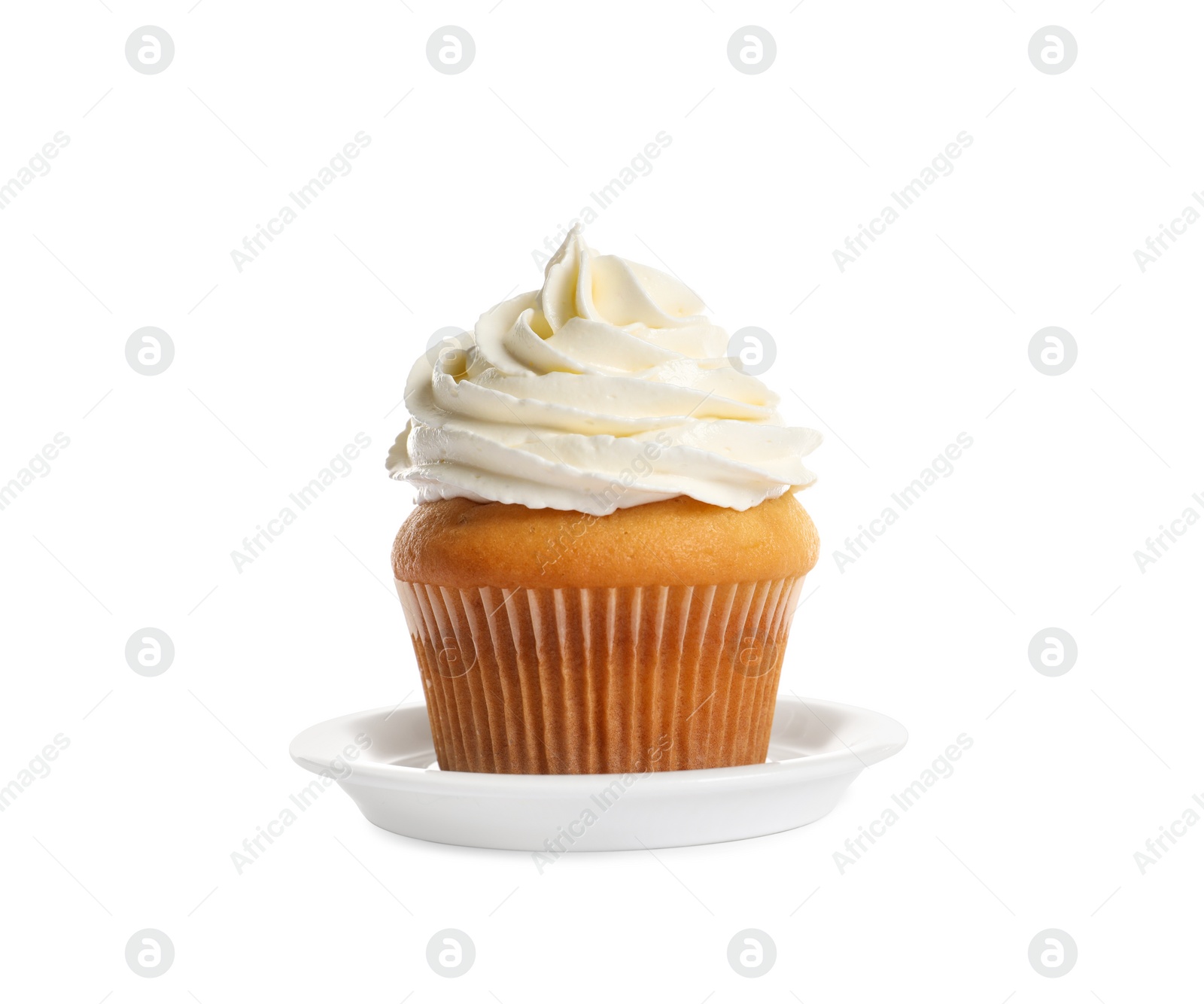 Photo of Delicious cupcake decorated with cream isolated on white