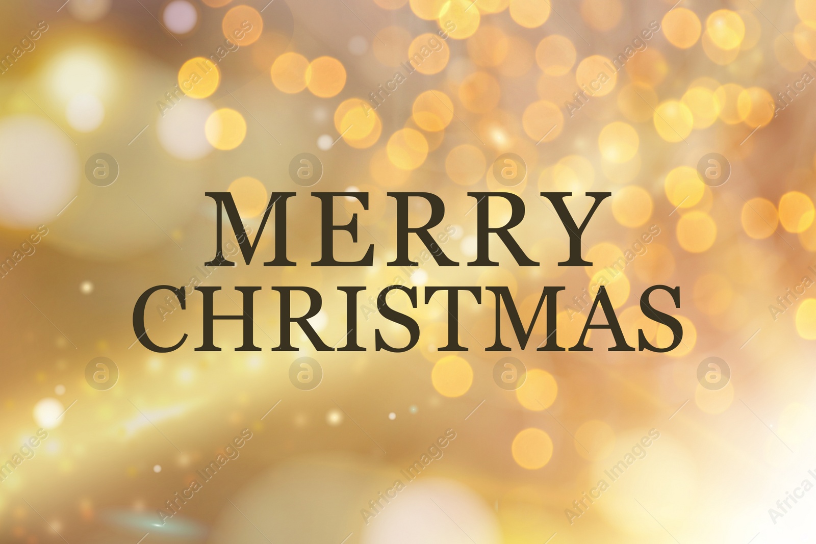 Image of Greeting card with phrase Merry Christmas on background with blurred golden lights