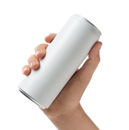 Photo of Woman holding aluminum can with beverage on white background, closeup. Mockup for design