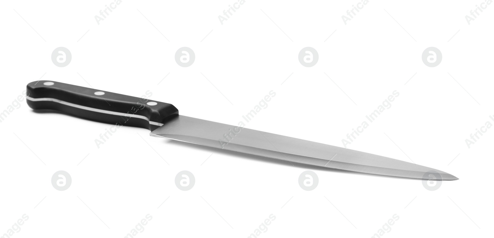 Photo of Sharp chef's knife with black handle isolated on white