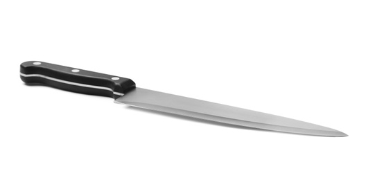 Photo of Sharp chef's knife with black handle isolated on white