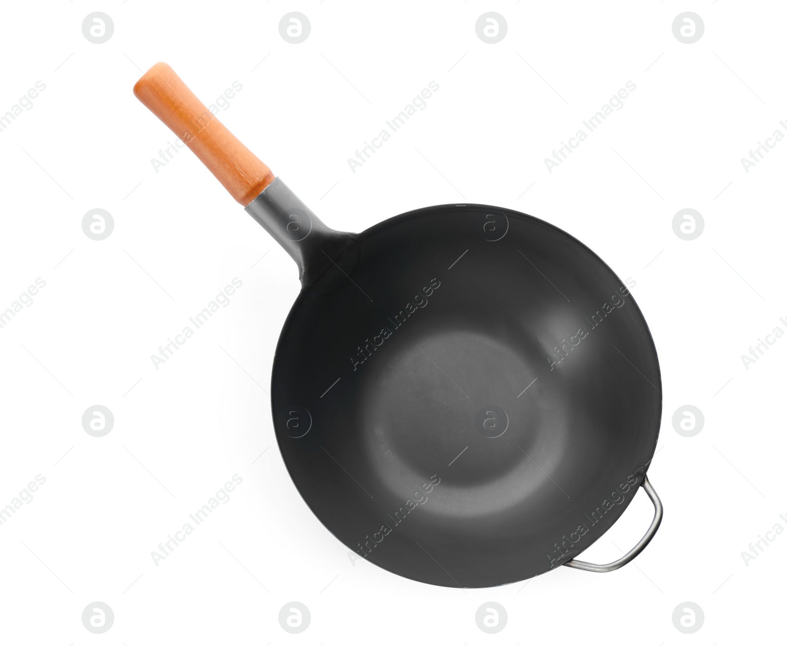 Photo of Empty iron wok isolated on white, top view. Chinese cookware