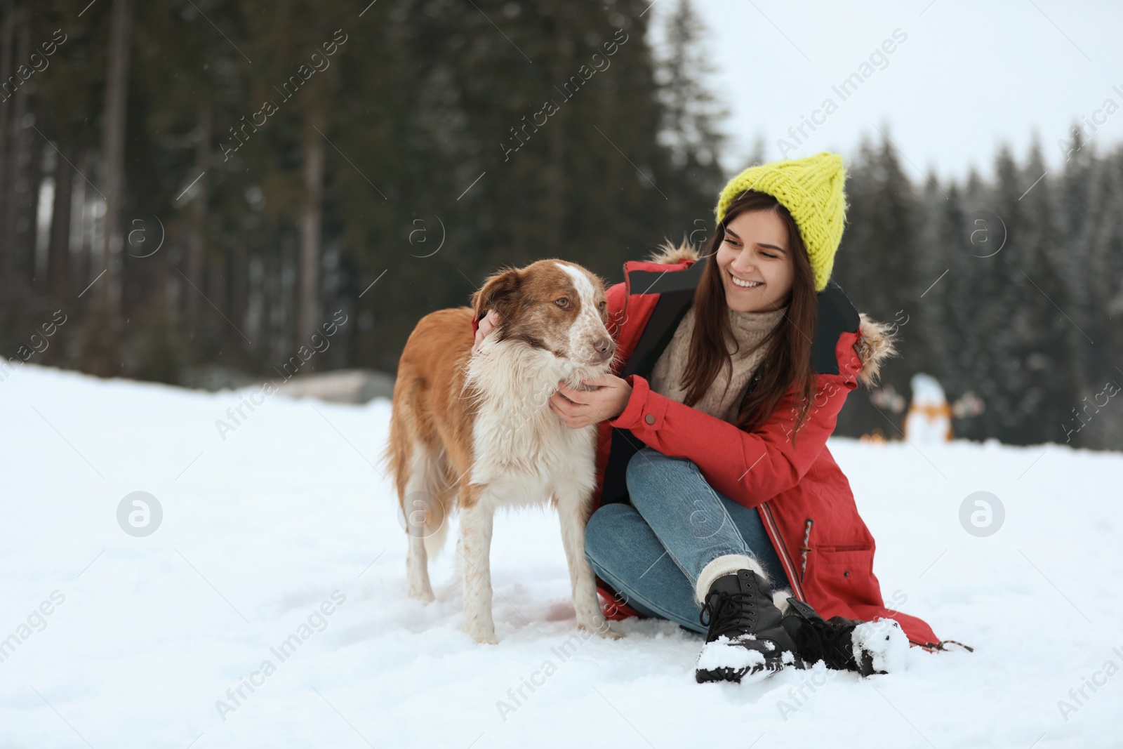 Photo of Young woman with dog near forest. Winter vacation