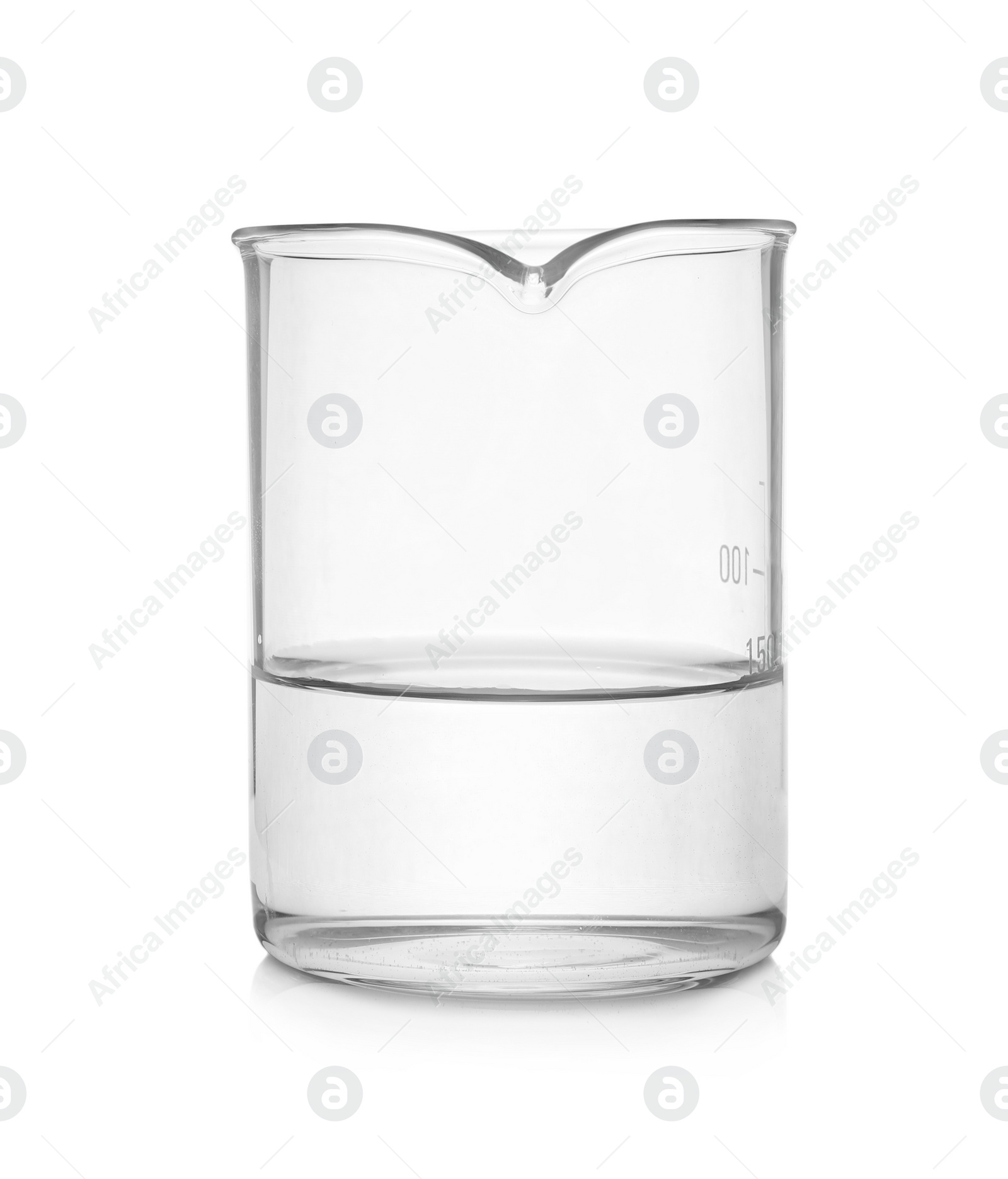 Photo of Beaker with transparent liquid isolated on white