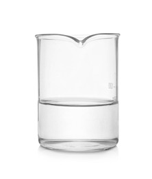 Photo of Beaker with transparent liquid isolated on white