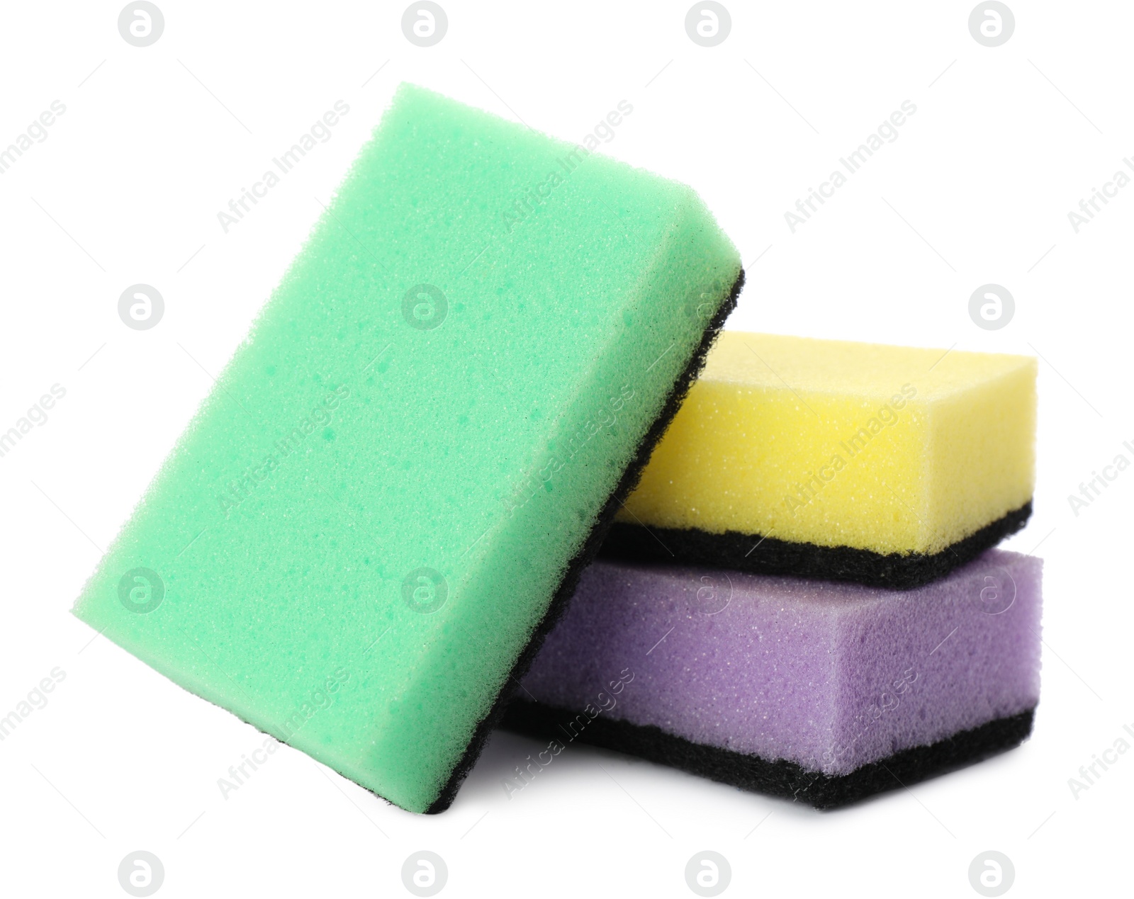 Photo of Bright cleaning sponges with abrasive scourers on white background